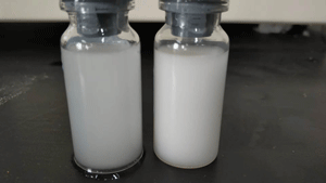 现场乳化样品，左：微射流乳化前，右：微射流乳化后