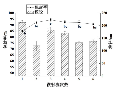 微射流次数对油状活性物A纳米脂质体的包封率和粒径的影响